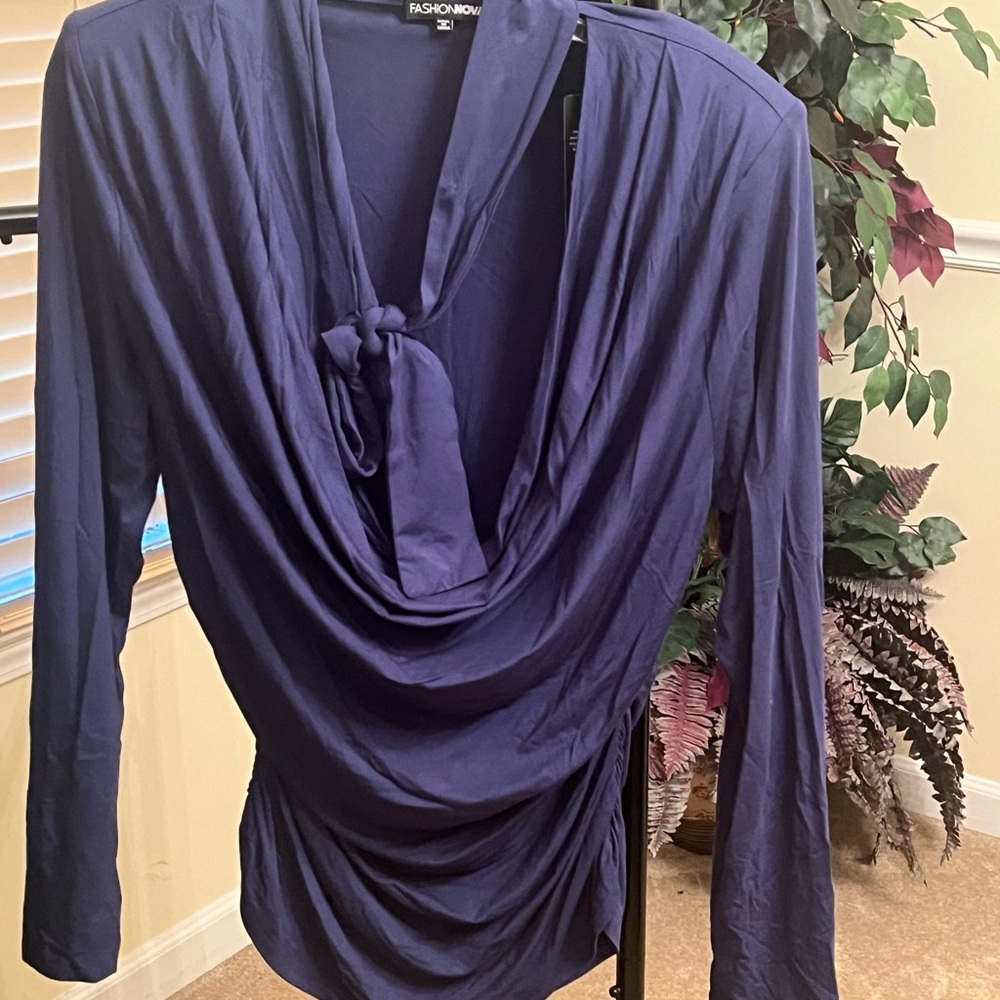 Fashion Nova Deep Blue Draped Tie-Neck Blouse